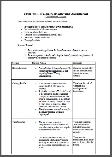 Nursing Protocol For The Removal Of Central Venous Catheters Following Cardiothoracic Surgery